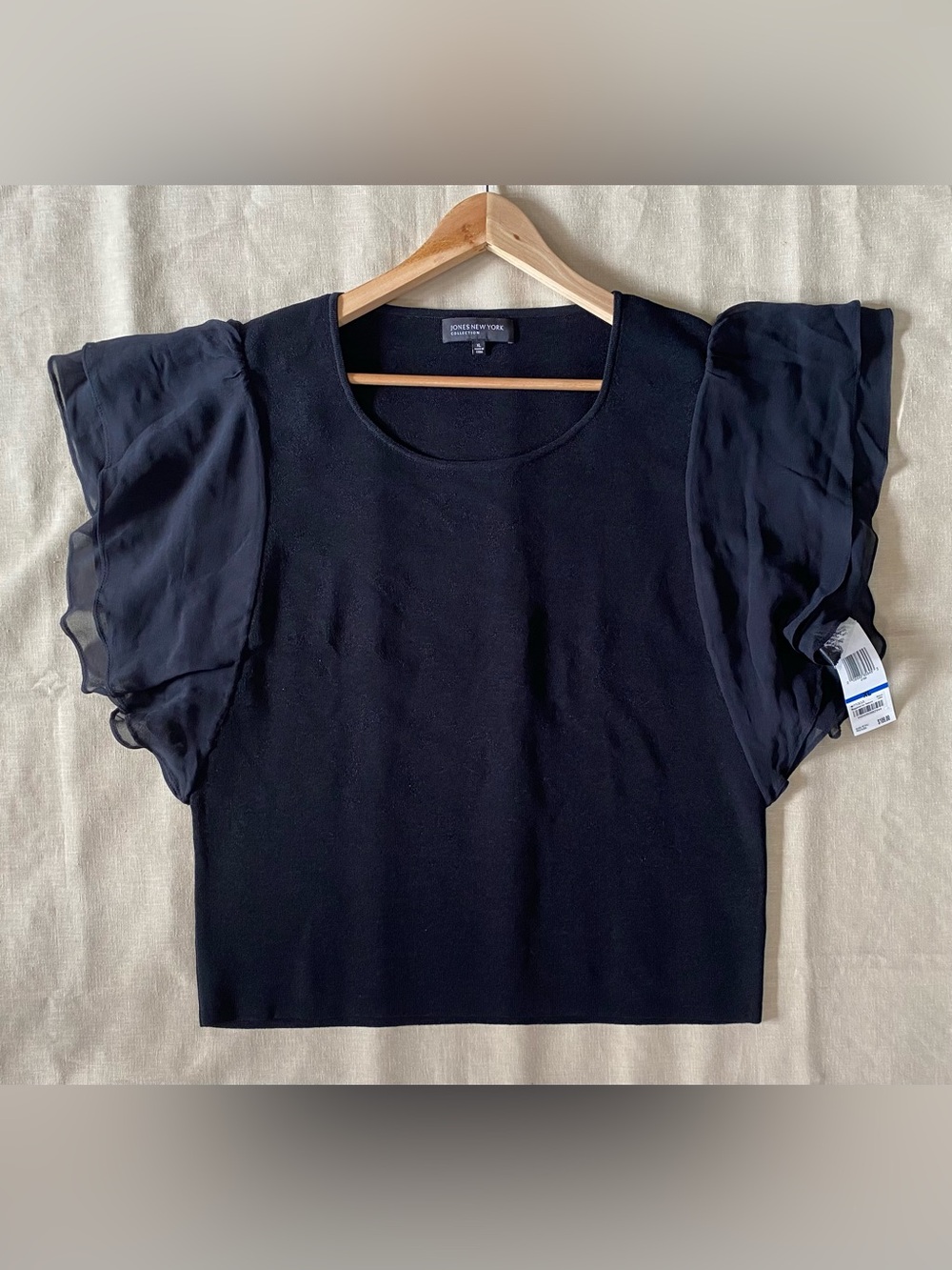 Jones New York NWT Black Knit Top Silk Ruffle Sleeve XL